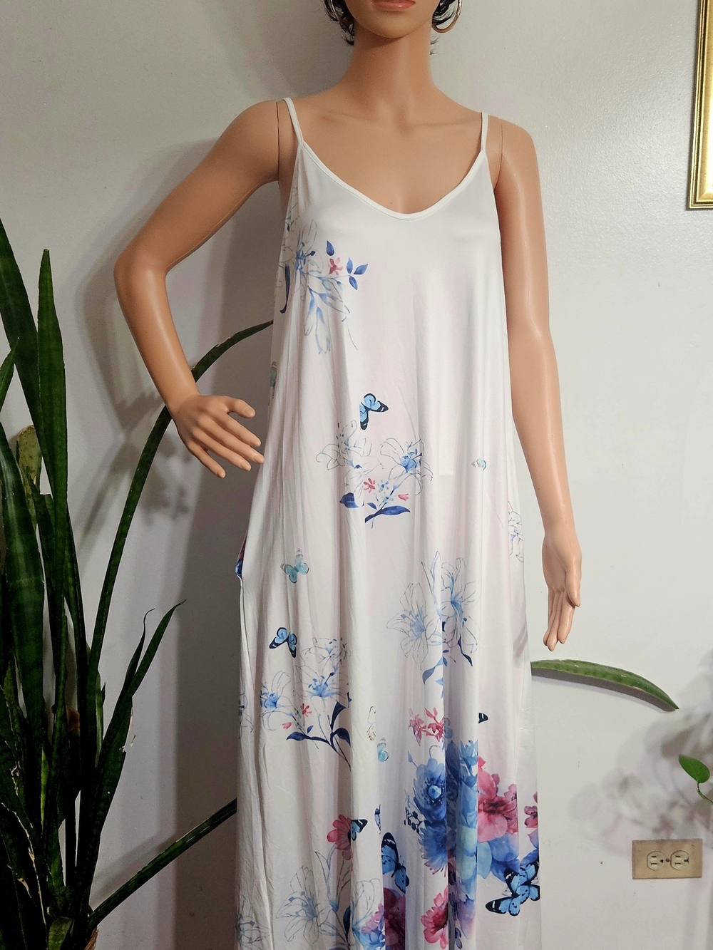 La Mode Women’s White Floral Summer Maxi - Soft Spaghetti Strap Dress